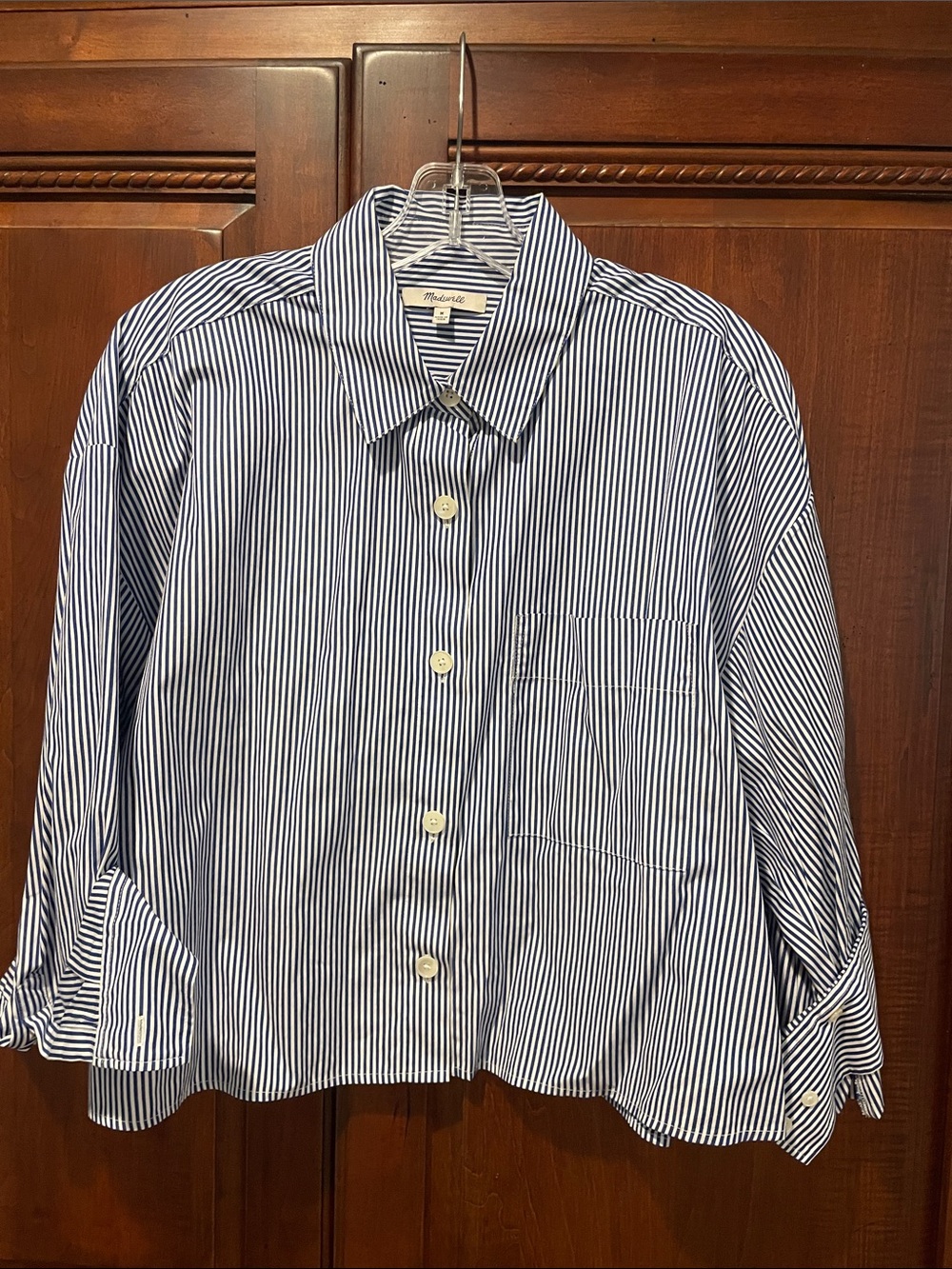Madewell Navy & White Striped Button-Down Shirt Crop style